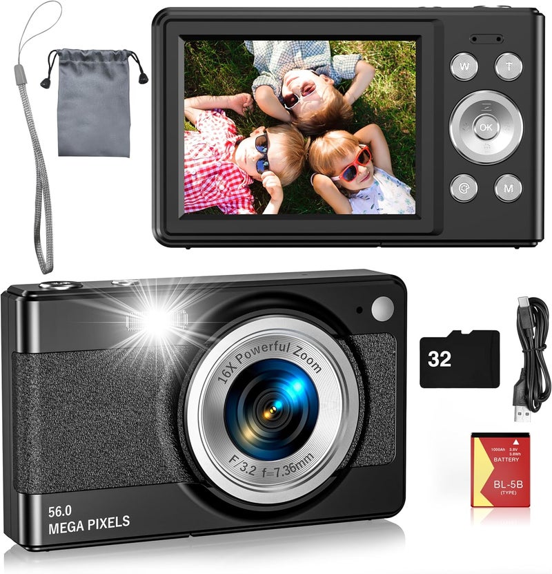 Bhagdaoe كاميرا رقمية للأطفال، FHD 1080P 56MP بؤرة تلقائية ونقطة تصوير مع زوم 16X، بطاقة TF سعة 32GB، بطارية، فلاش، كشف الوجه، مضادة للاهتزاز، كاميرات سفر مدمجة للأولاد والبنات والمراهقين هدية للأطفال (أسود) - Image 1